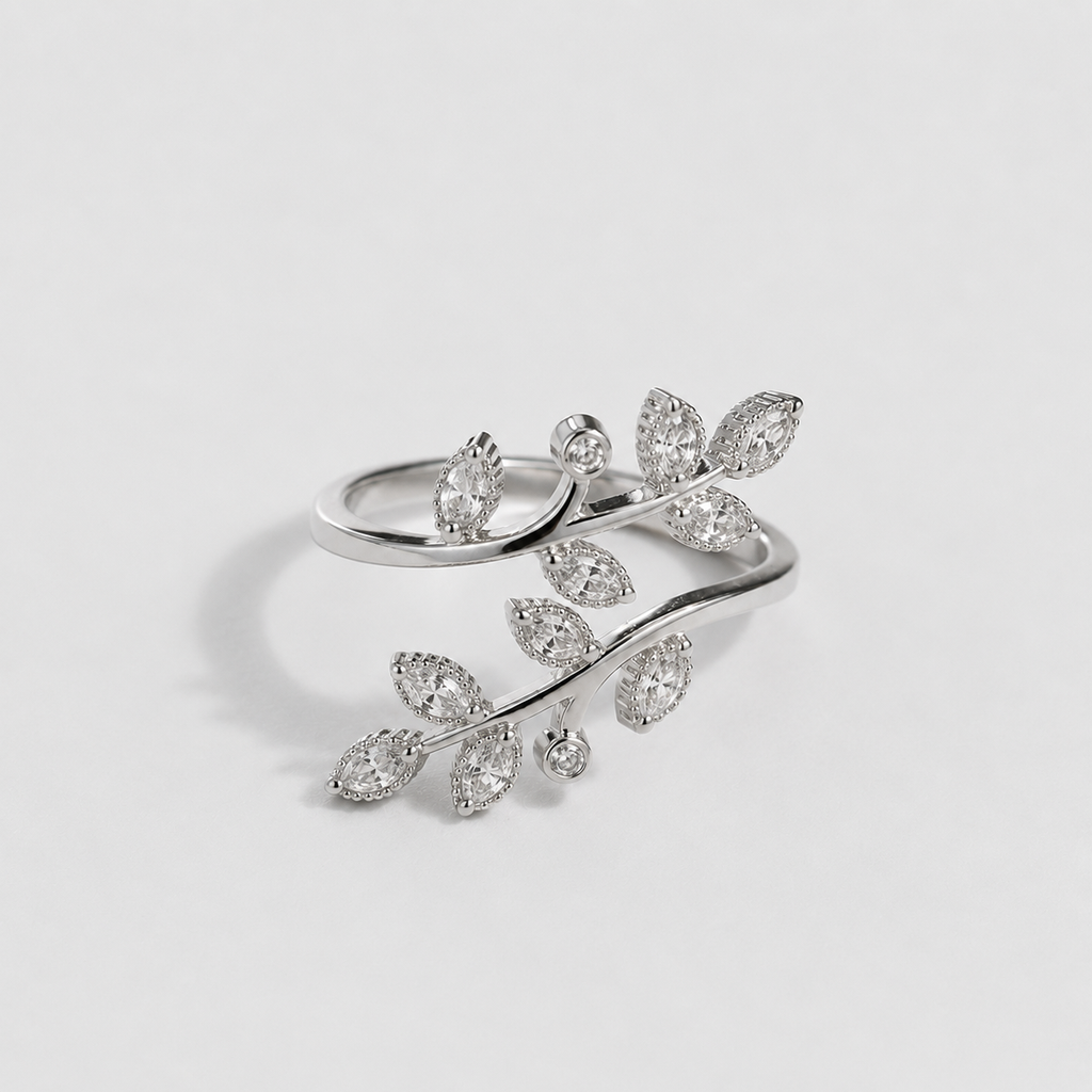 Silver Leaf Crystal Ring