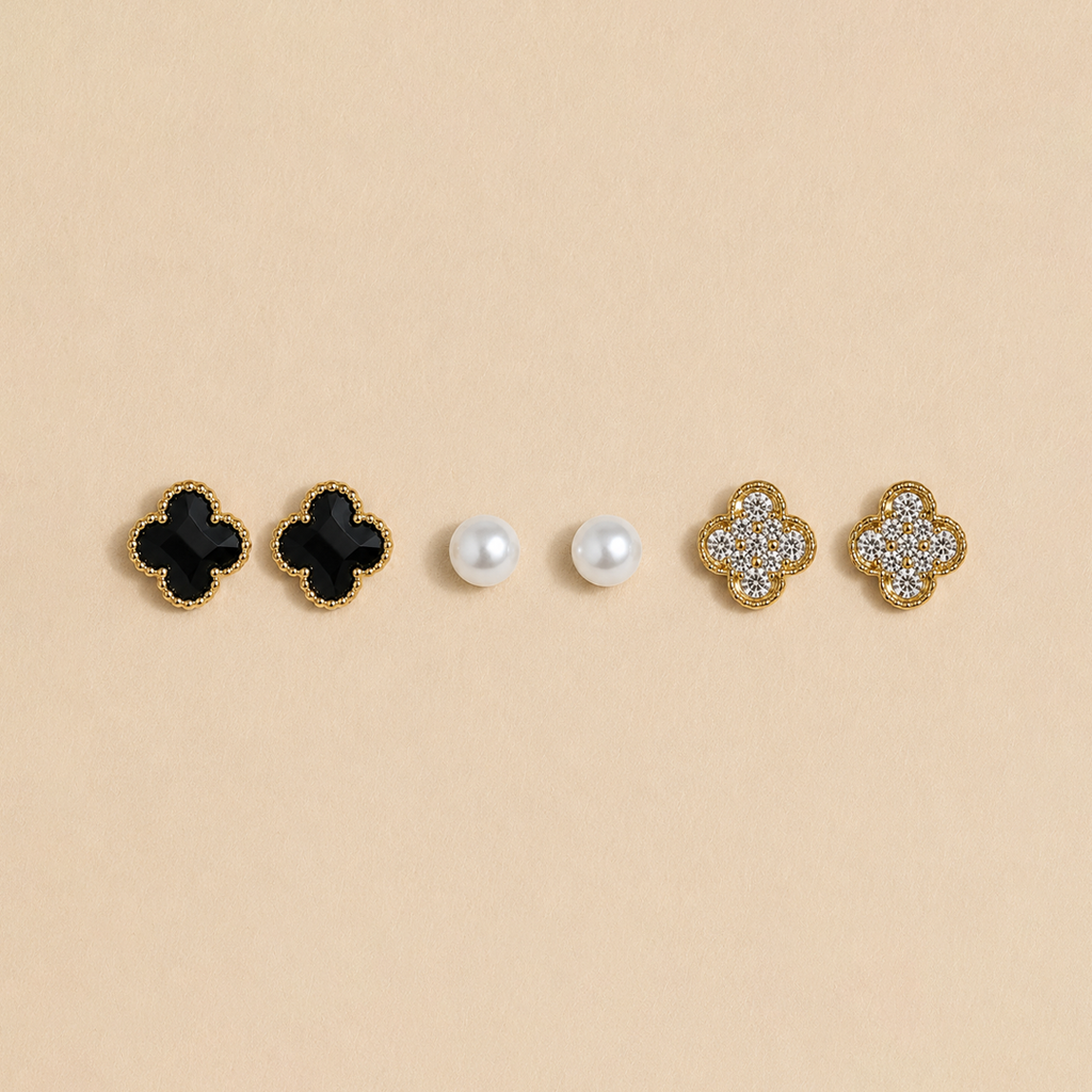 Multi-Style Clover & Pearl Stud Earring Set