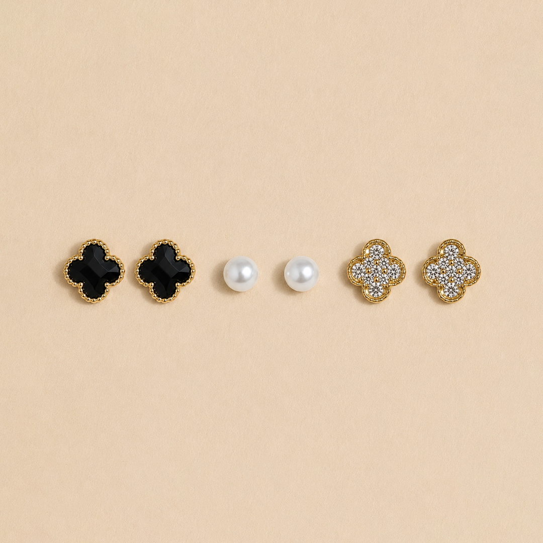 Multi-Style Clover & Pearl Stud Earring Set