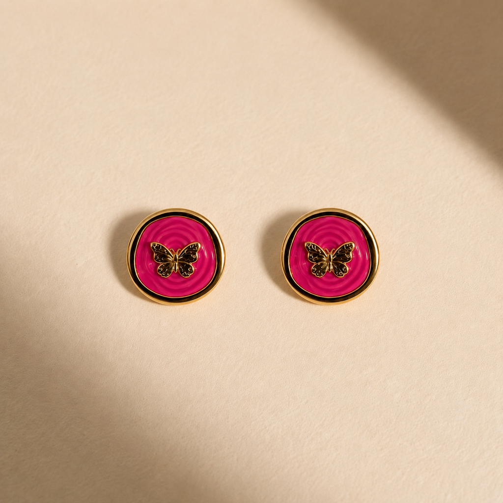 Fuchsia Enamel Butterfly Stud Earrings