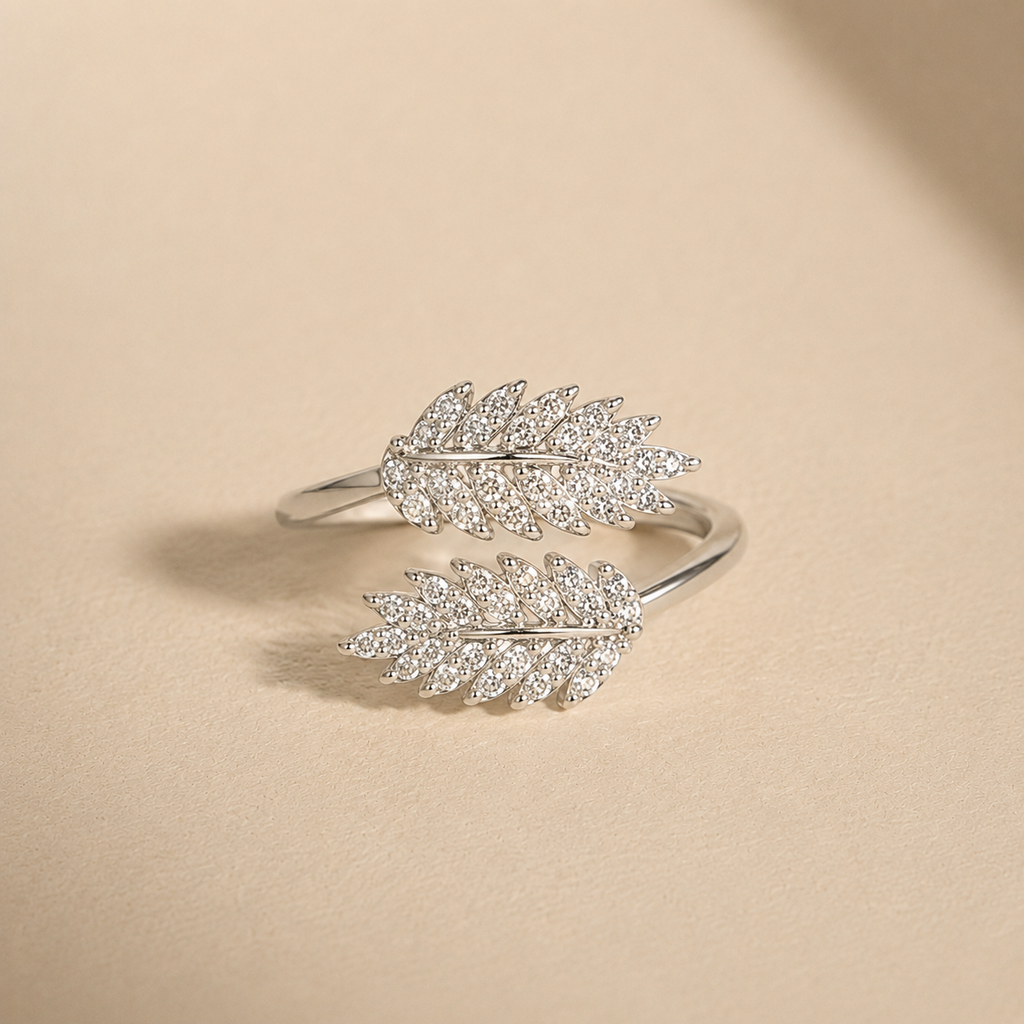 Silver Feather Crystal Ring