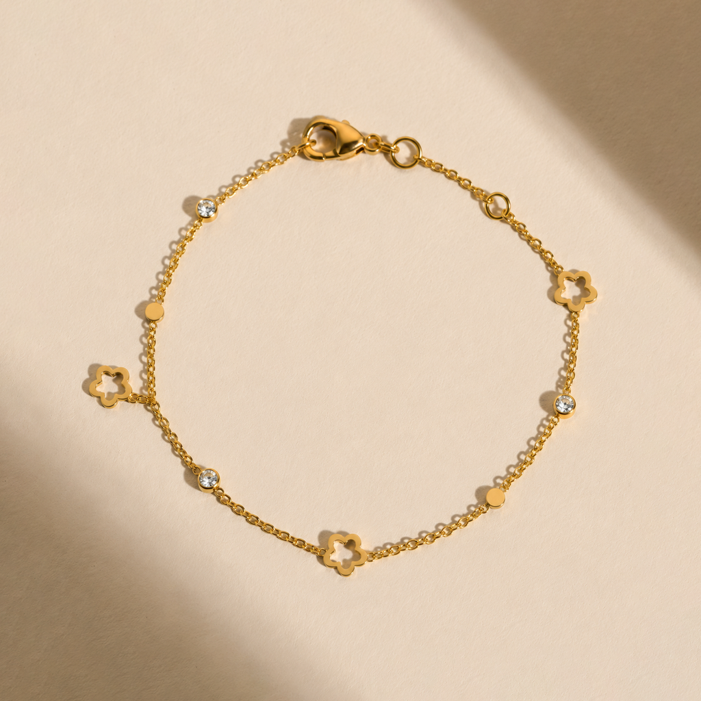 Floral & Crystal Accent Gold Chain Bracelet