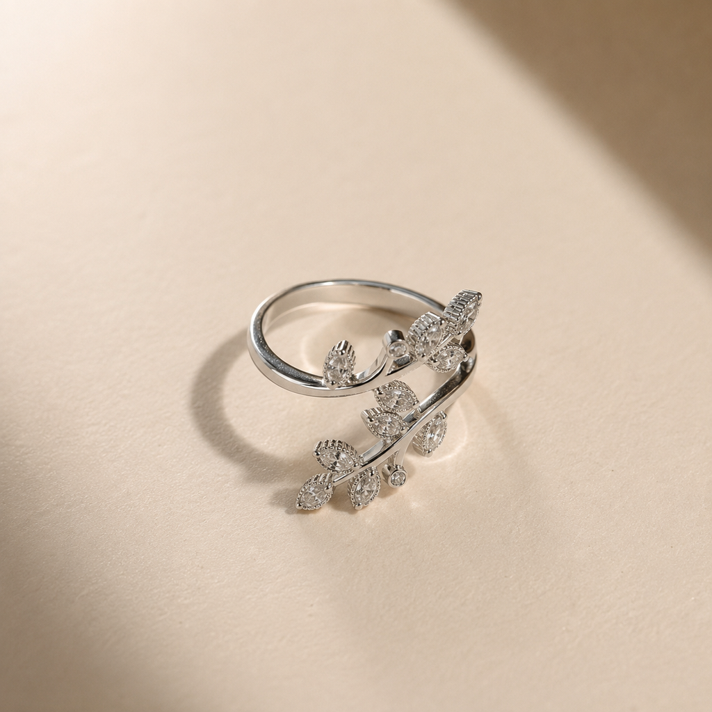 Silver Leaf Crystal Ring