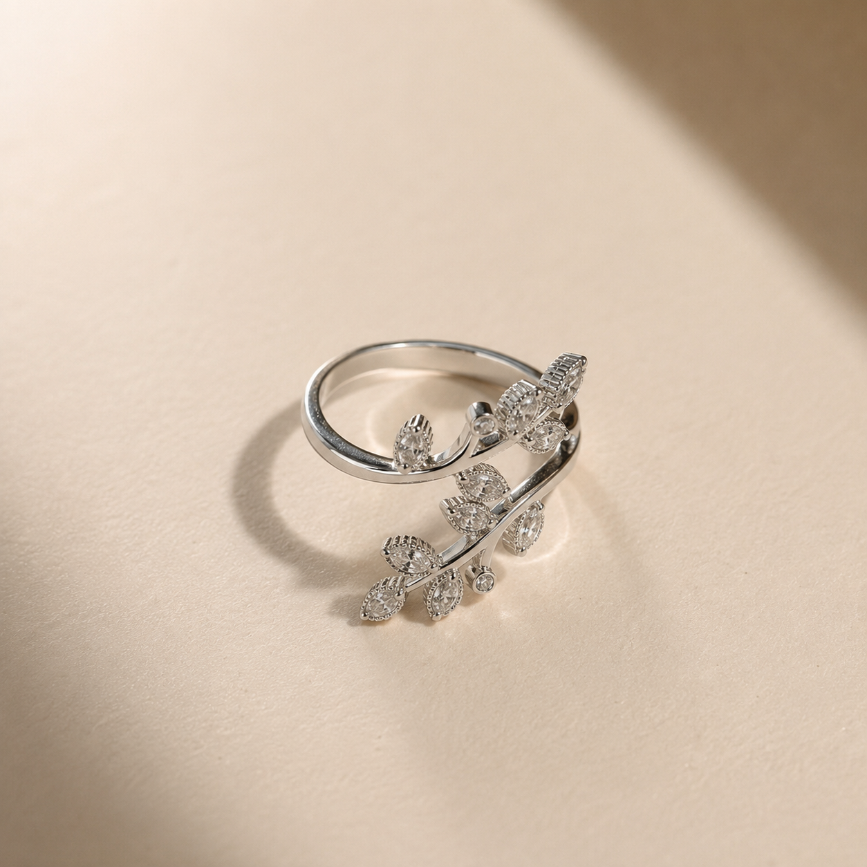 Silver Leaf Crystal Ring