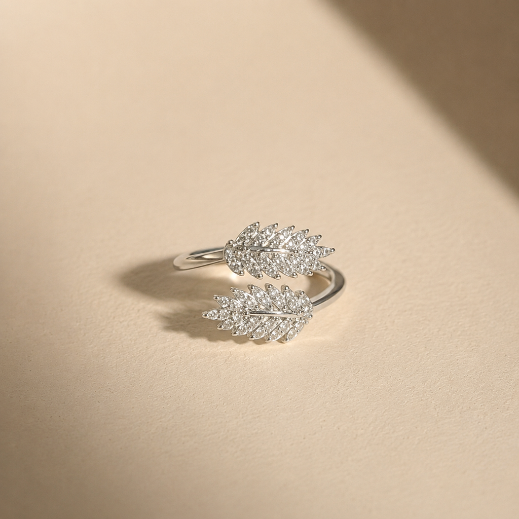 Silver Feather Crystal Ring