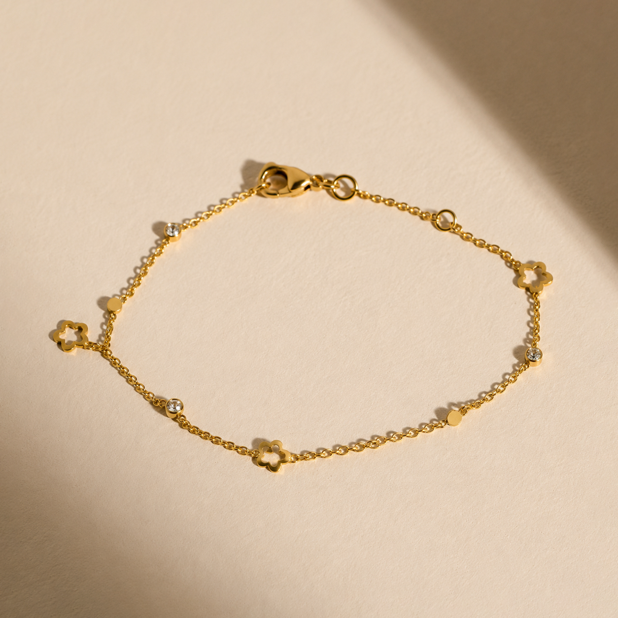 Floral & Crystal Accent Gold Chain Bracelet