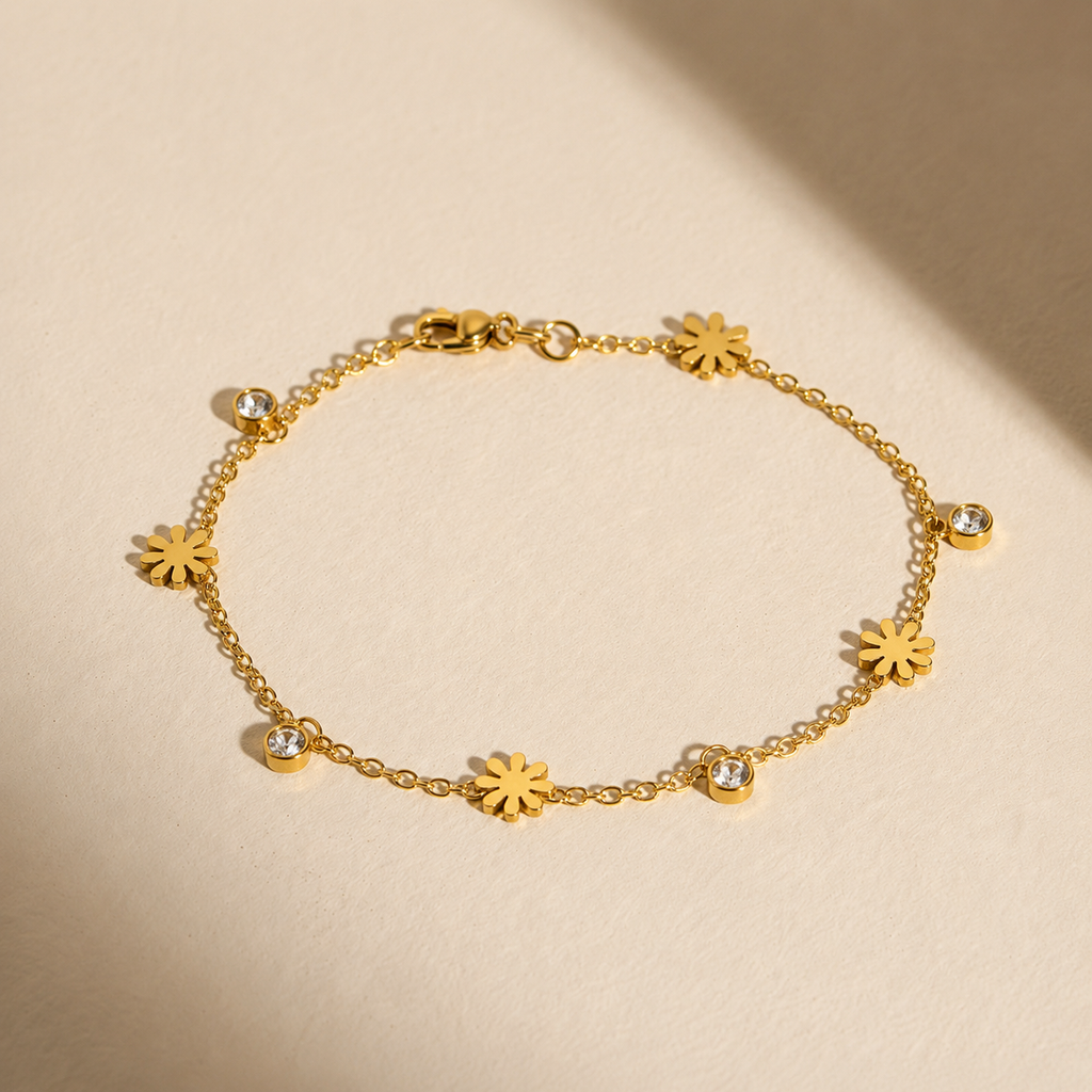 Delicate Floral & Crystal Golden Bracelet