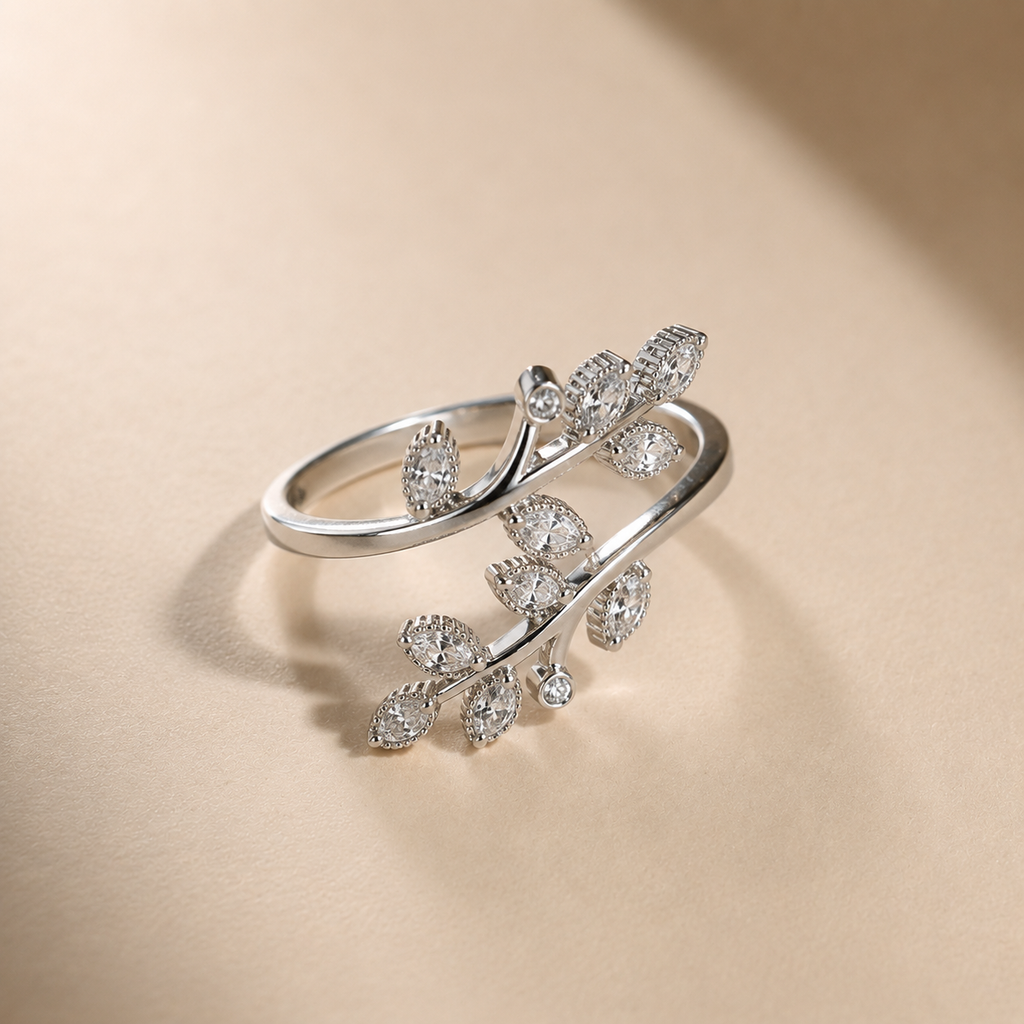 Silver Leaf Crystal Ring