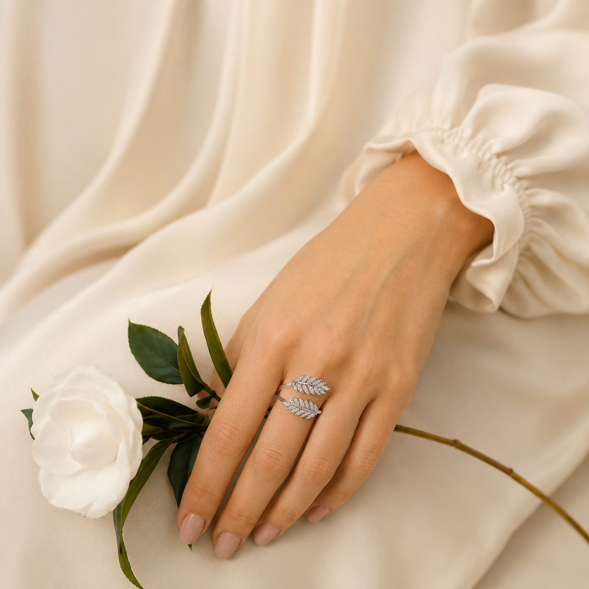Silver Feather Crystal Ring