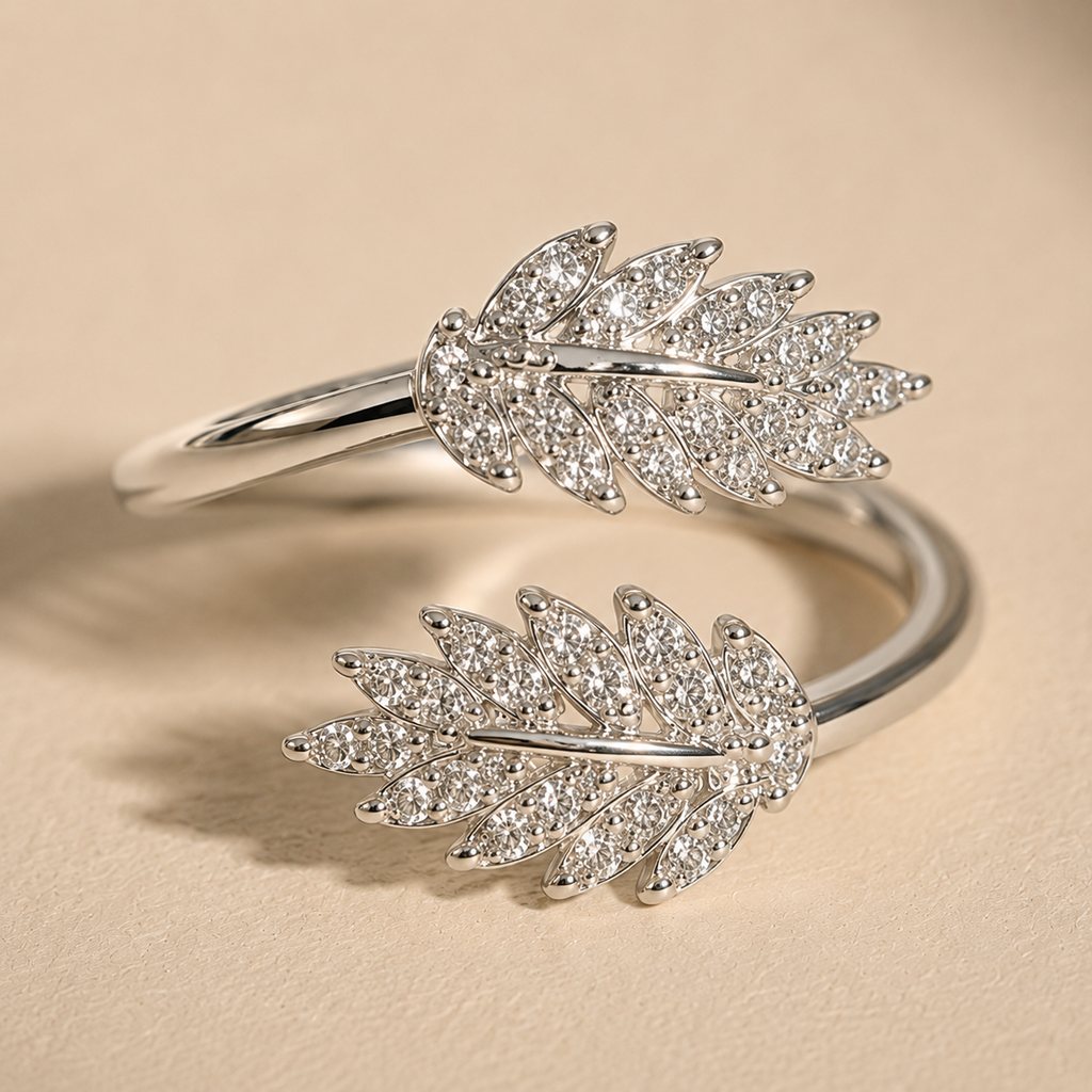 Silver Feather Crystal Ring