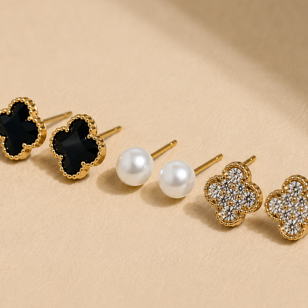 Multi-Style Clover & Pearl Stud Earring Set