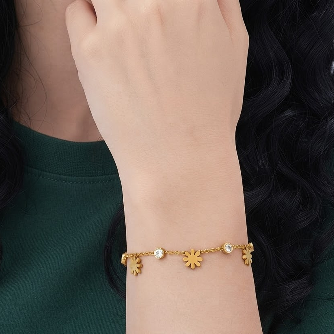 Delicate Floral & Crystal Golden Bracelet