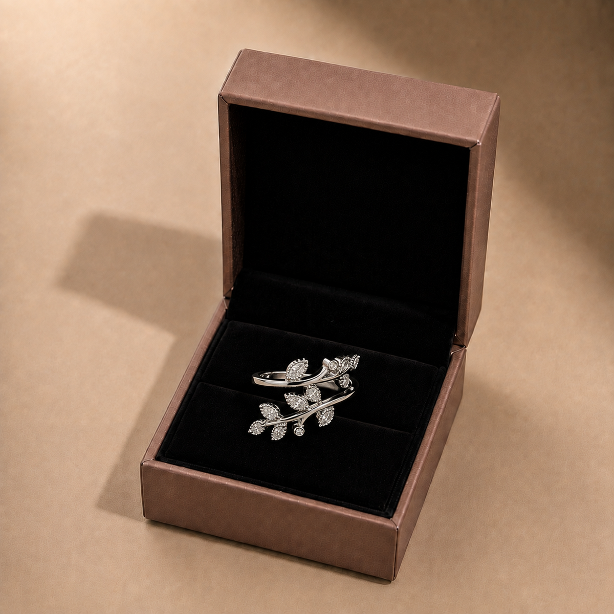 Silver Leaf Crystal Ring